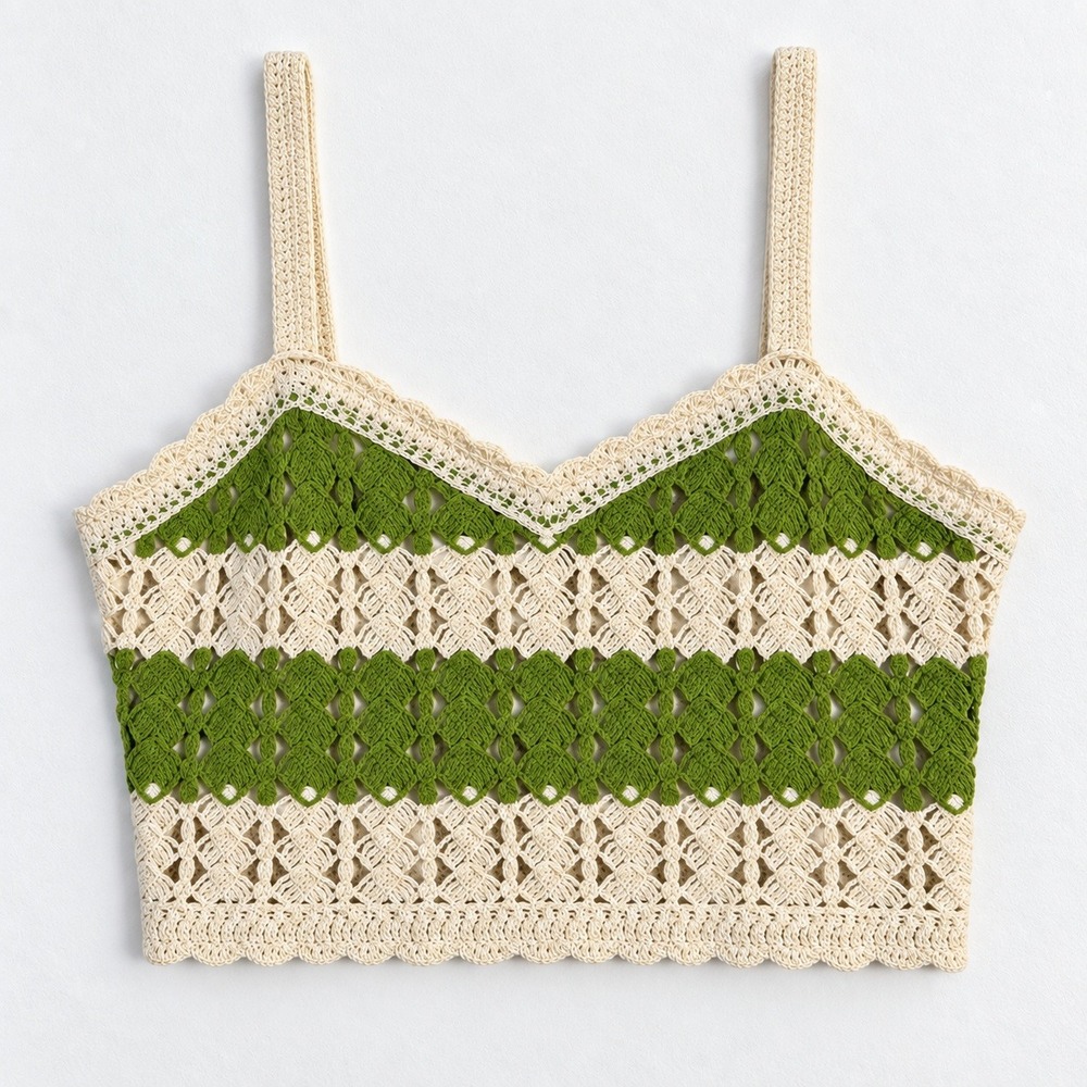 NWT Rebellion Boho Green Cream Crochet Crop Top Camisole M Festival Coquette